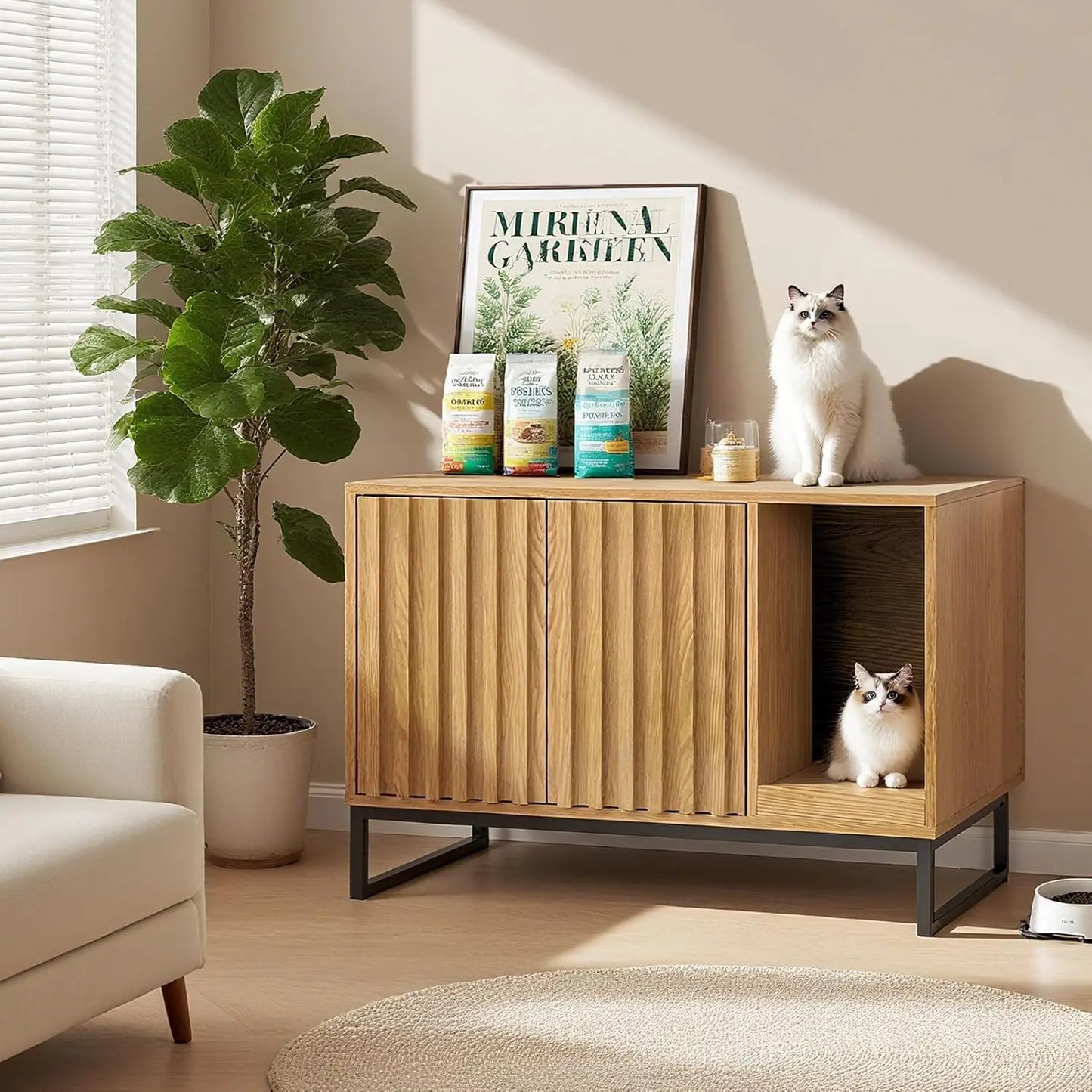 47.2” Large Cat Litter Box Enclosure with Scratch Pad, Double Hidden Wooden Indoor Cat House, TV Stand Side Table Pet