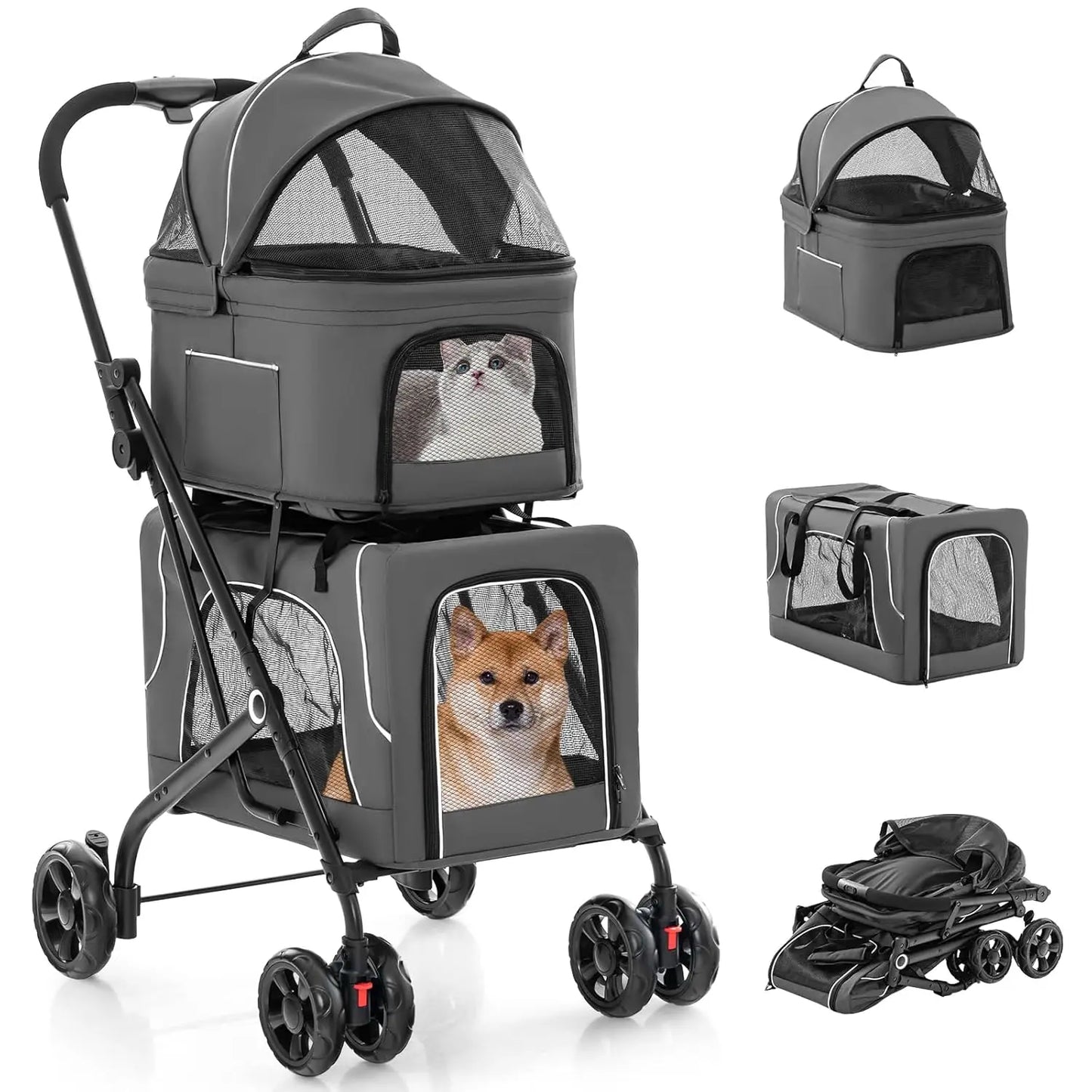 Giantex Double Dog Stroller for 2 Pets, with Detachable Carriers, Safety Belt & 4 Lockable Wheels, Folding Travel Cart, Gray