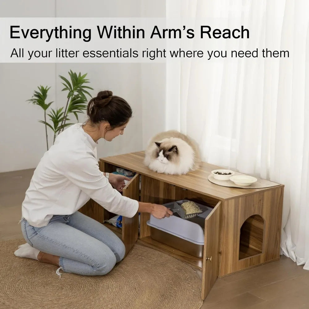 Wooden Cat Litter Box Enclosure with Storage and Adjustable Divider, Concealed Furniture and Hall Table