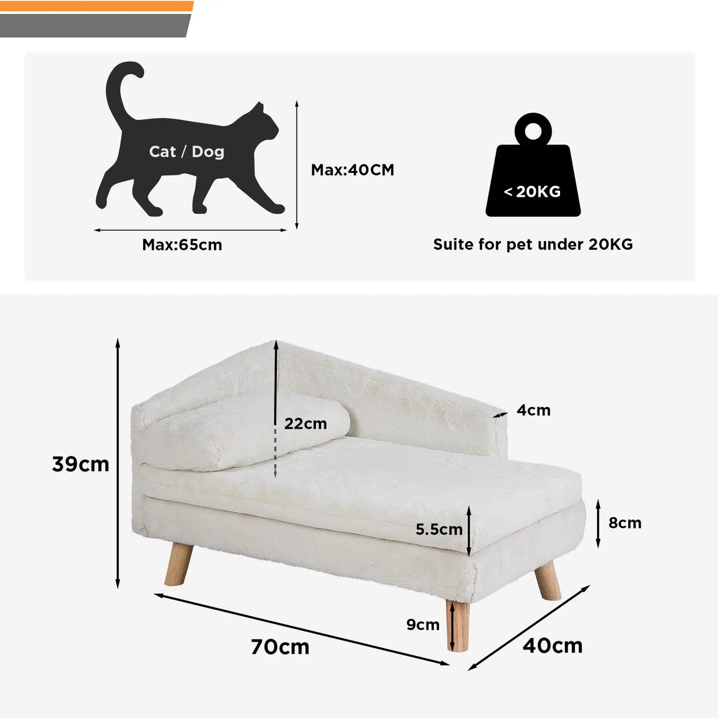 Elevated Pet Bed Solid Wood Leg Dog Cat Sofa for Indoor L Shape Plush Couch Lounge with Soft Cushion