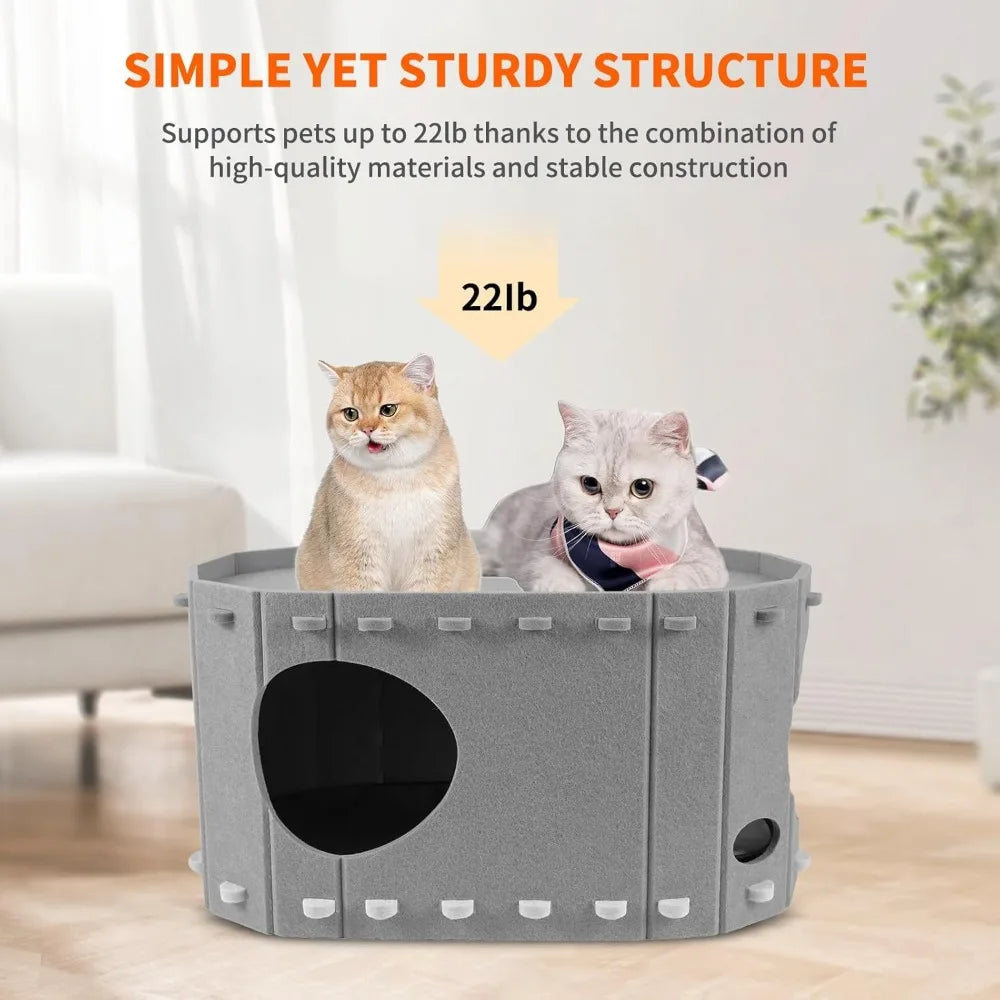 Heated Cat House for Indoor Cats,with Timer & Temp Adjustable Pet Heating Pad Bed Included,Large Foldable Cat Houses & Condos