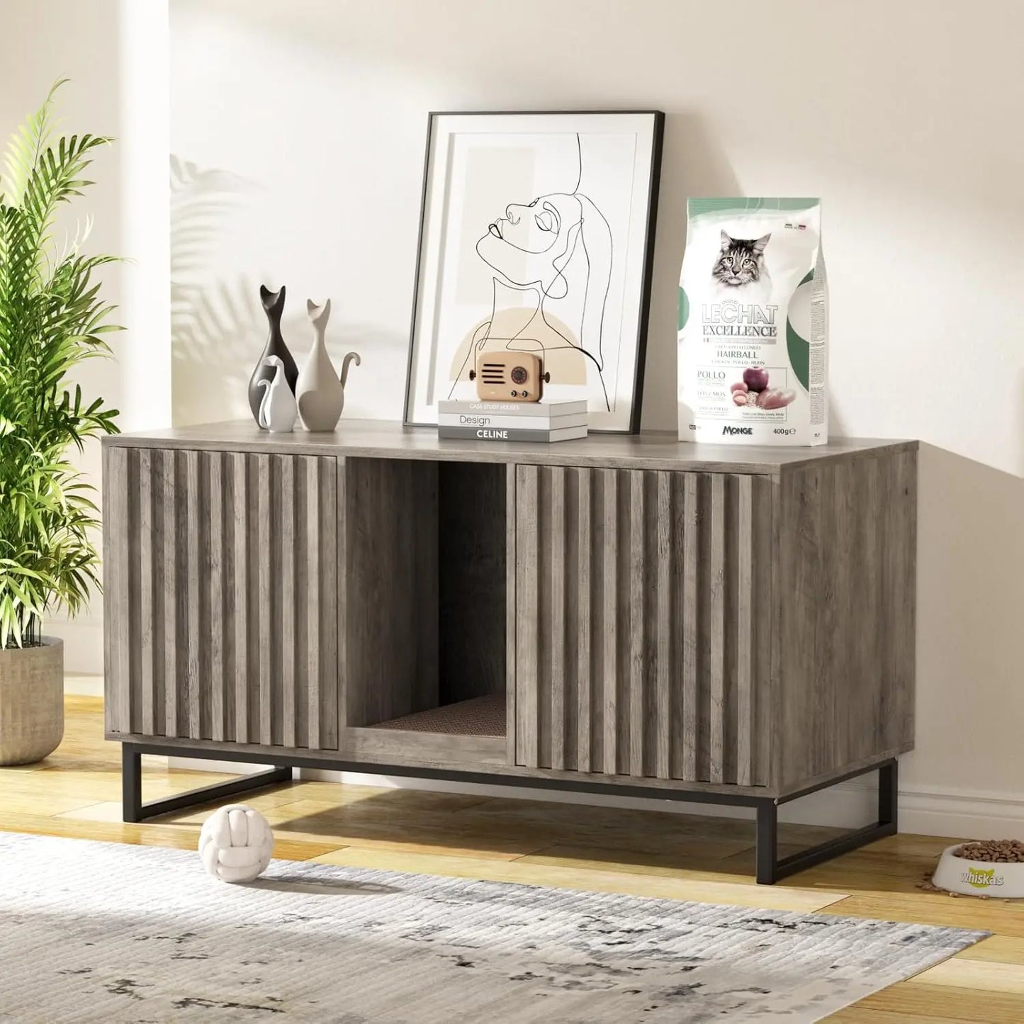 47.2” Large Cat Litter Box Enclosure with Scratch Pad, Double Hidden Wooden Indoor Cat House, TV Stand Side Table Pet