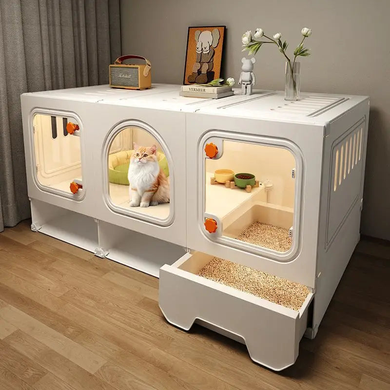 Large Cat House Transparent Drawer Cat Houses Habitats Partition Pet Cats Kitten Cage with Storage Room Kittens Enclosure Cages