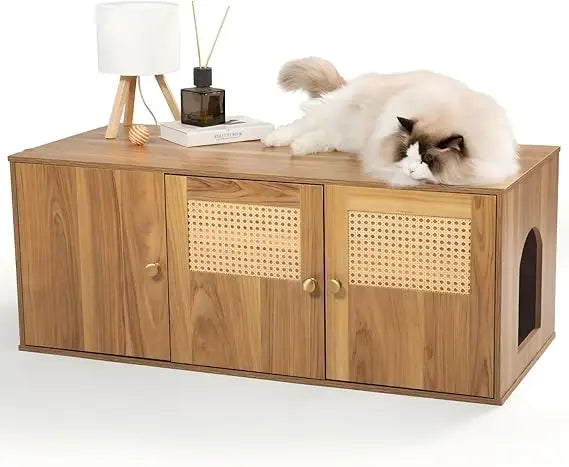 Wooden Cat Litter Box Enclosure with Storage and Adjustable Divider, Concealed Furniture and Hall Table