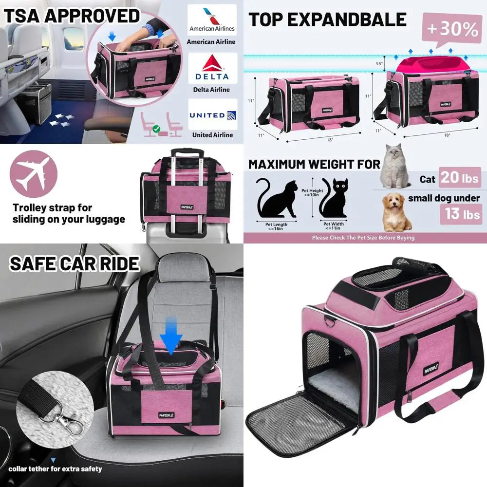 Compact Soft-Sided Airline Approved Pet Carrier for Cats & Dogs, Under-Seat Cabin Bag, TSA Compliant, Pink