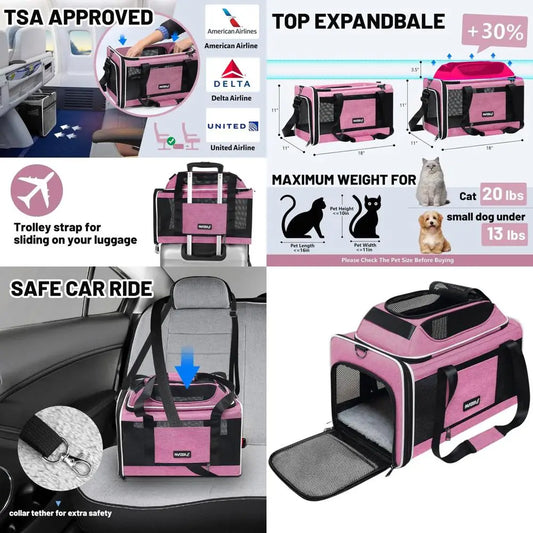 Compact Soft-Sided Airline Approved Pet Carrier for Cats & Dogs, Under-Seat Cabin Bag, TSA Compliant, Pink