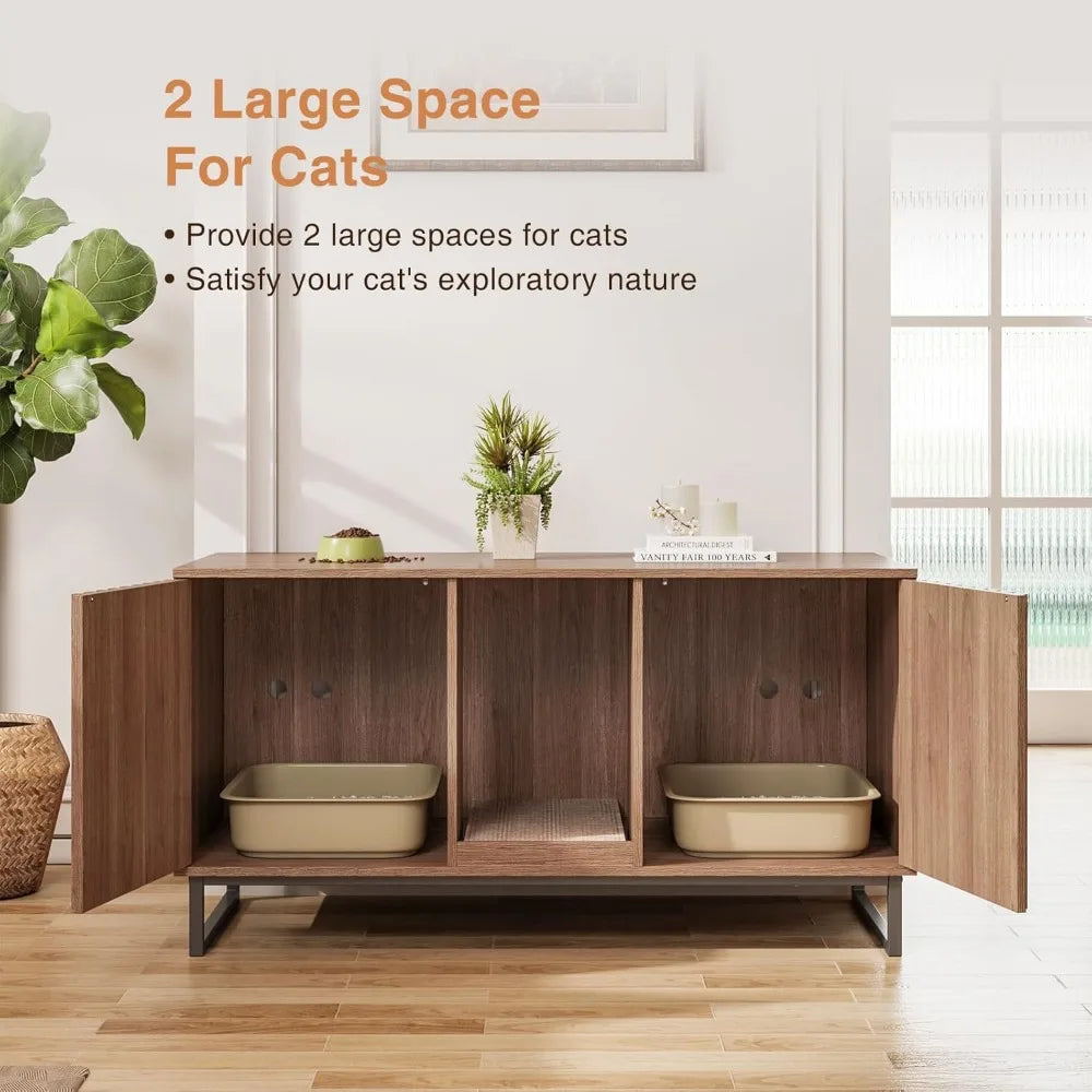 47.2” Large Cat Litter Box Enclosure with Scratch Pad, Double Hidden Wooden Indoor Cat House, TV Stand Side Table Pet