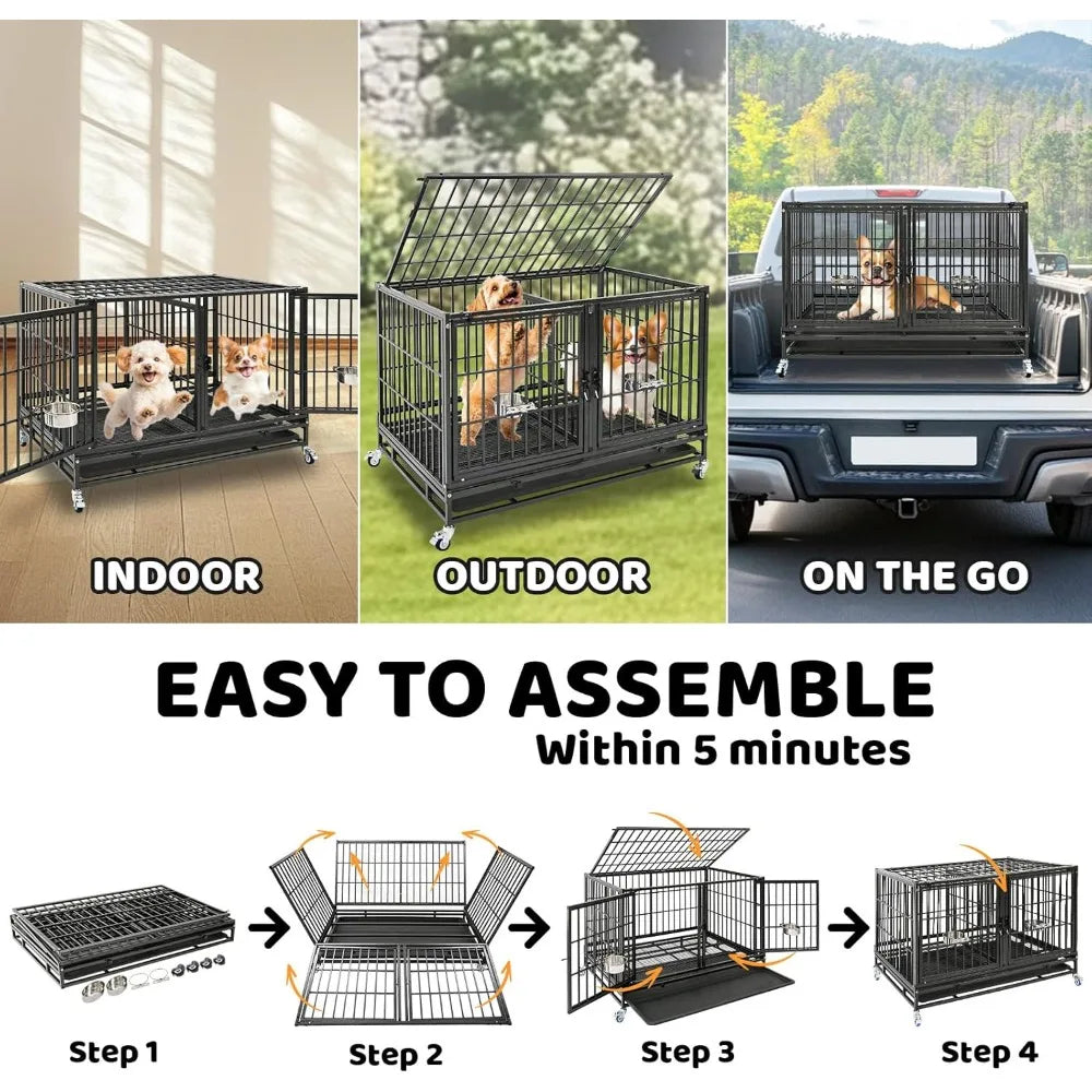 43 inch Dog Crate Stackable Heavy Duty Dog Kennel Indoor Dog Grooming Cage with Detachable Divider, Removable Tray, Wheels, Fee