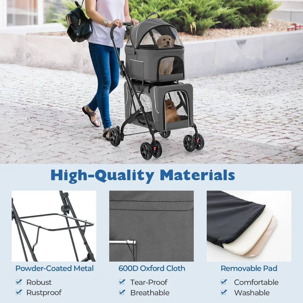 Giantex Double Dog Stroller for 2 Pets, with Detachable Carriers, Safety Belt & 4 Lockable Wheels, Folding Travel Cart, Gray