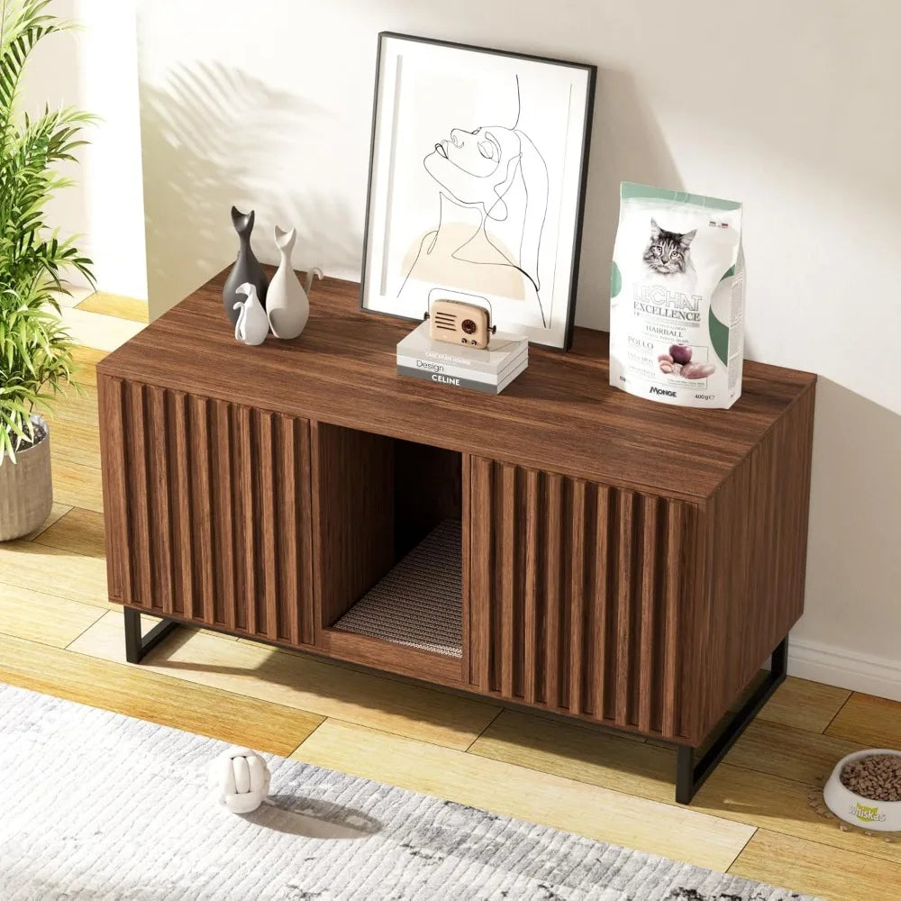 47.2” Large Cat Litter Box Enclosure with Scratch Pad, Double Hidden Wooden Indoor Cat House, TV Stand Side Table Pet
