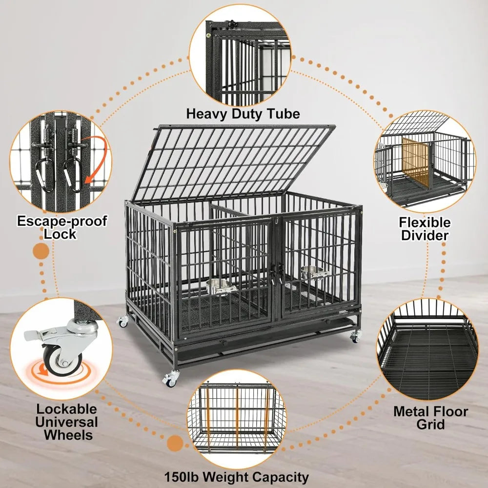 43 inch Dog Crate Stackable Heavy Duty Dog Kennel Indoor Dog Grooming Cage with Detachable Divider, Removable Tray, Wheels, Fee