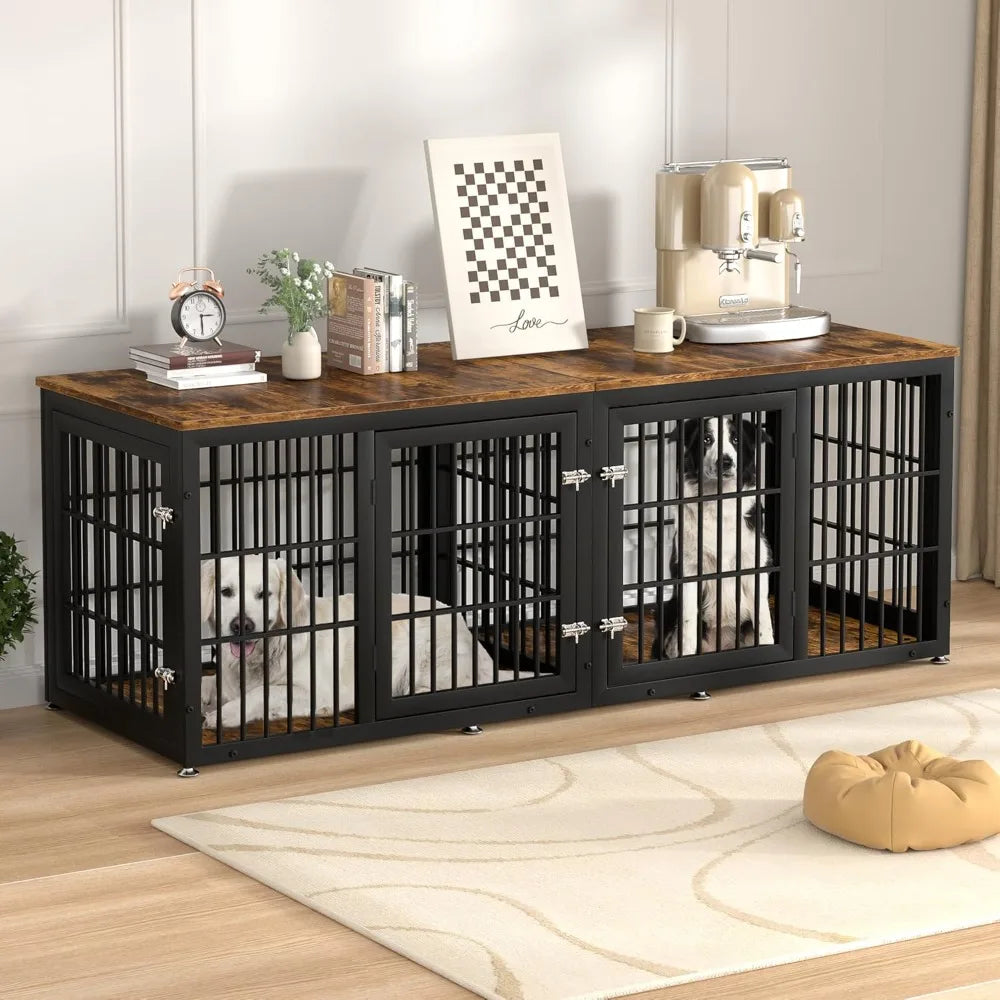 78 Inch Double Dog Crate Furniture, Heavy Duty Extra Large Cage Furniture with Divider for 2 Dogs, Decorative Wooden Kennel Furn