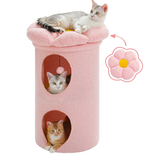 2-Storey Cat Beds for Indoor Cats Large Cat House with Removable Flower Cat Bed, Cute Cat Cave Cat Hideaway Indoor Cat  Condo