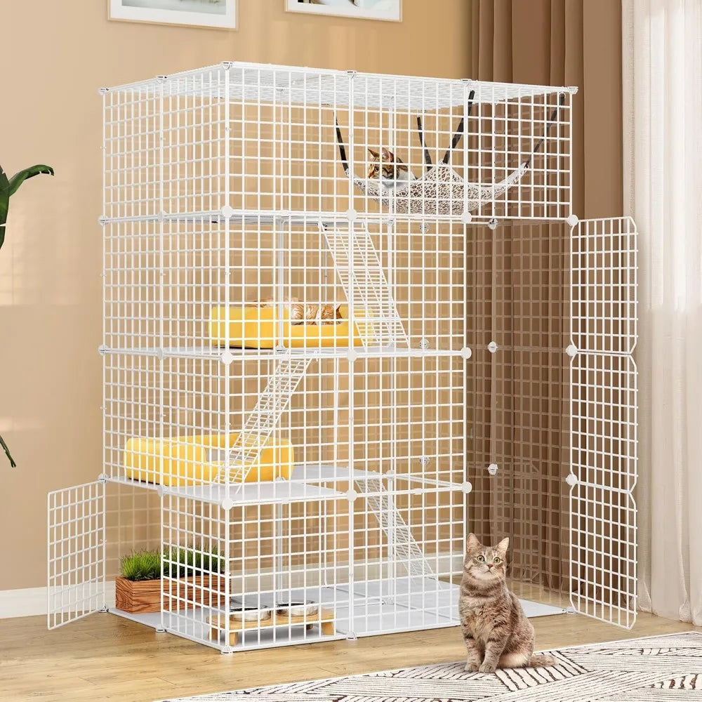 4-Tier Large Cat Cage, Indoor Enclosure Metal Wire Kennels DIY Cat Playpen with Large Hammock for 1-3 Cats White