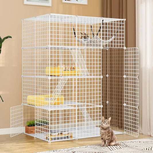4-Tier Large Cat Cage, Indoor Enclosure Metal Wire Kennels DIY Cat Playpen with Large Hammock for 1-3 Cats White