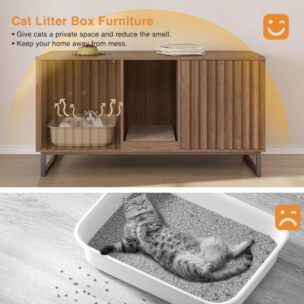 47.2” Large Cat Litter Box Enclosure with Scratch Pad, Double Hidden Wooden Indoor Cat House, TV Stand Side Table Pet