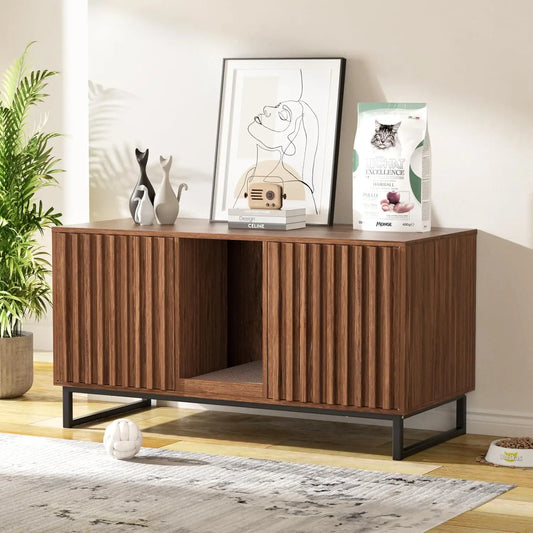 47.2” Large Cat Litter Box Enclosure with Scratch Pad, Double Hidden Wooden Indoor Cat House, TV Stand Side Table Pet