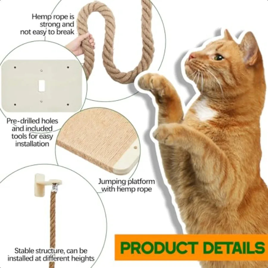 Cat Tree with 2 x 59.1 Inch Climbing Rope Wall Mounted Cat Climbing Tower Toy with Scratching Post Kitten Rope Ladder with Jump