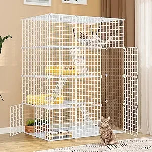 4-Tier Large Cat Cage, Indoor Enclosure Metal Wire Kennels DIY Cat Playpen with Large Hammock for 1-3 Cats White