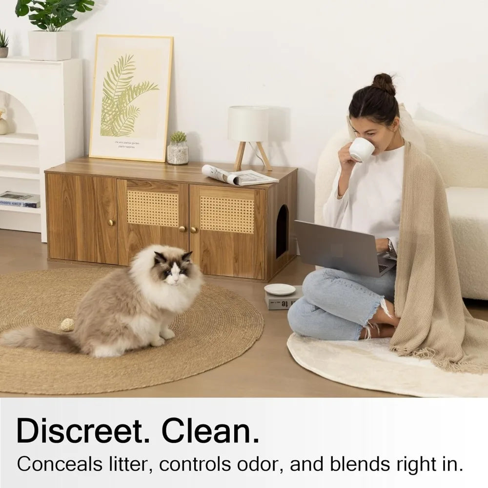 Wooden Cat Litter Box Enclosure with Storage and Adjustable Divider, Concealed Furniture and Hall Table