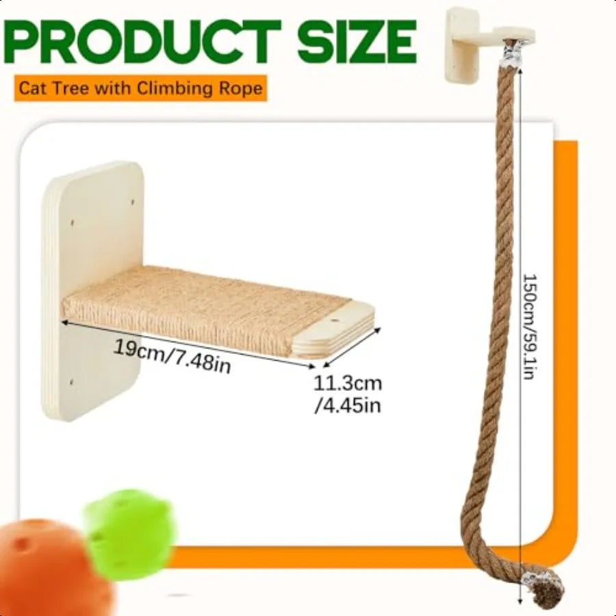 Cat Tree with 2 x 59.1 Inch Climbing Rope Wall Mounted Cat Climbing Tower Toy with Scratching Post Kitten Rope Ladder with Jump