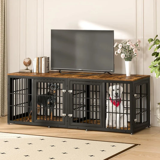 78 Inch Double Dog Crate Furniture, Heavy Duty Extra Large Cage Furniture with Divider for 2 Dogs, Decorative Wooden Kennel Furn