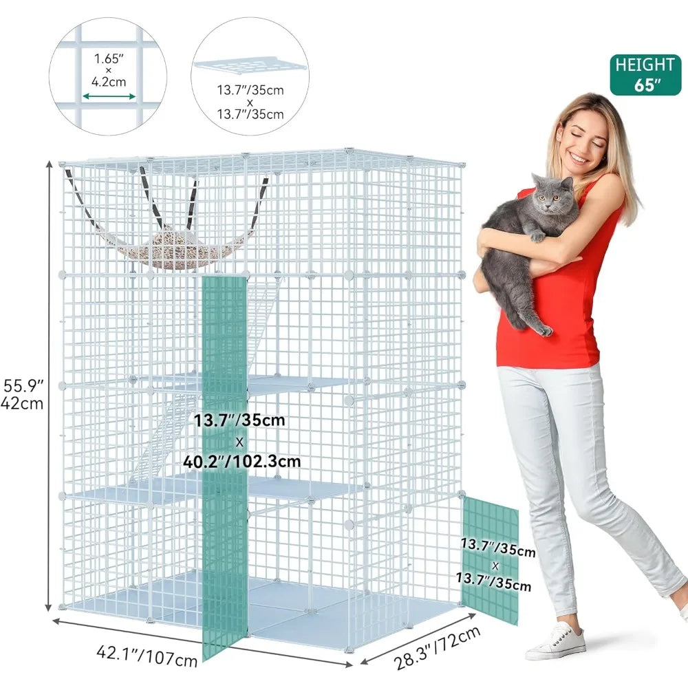 4-Tier Large Cat Cage, Indoor Enclosure Metal Wire Kennels DIY Cat Playpen with Large Hammock for 1-3 Cats White