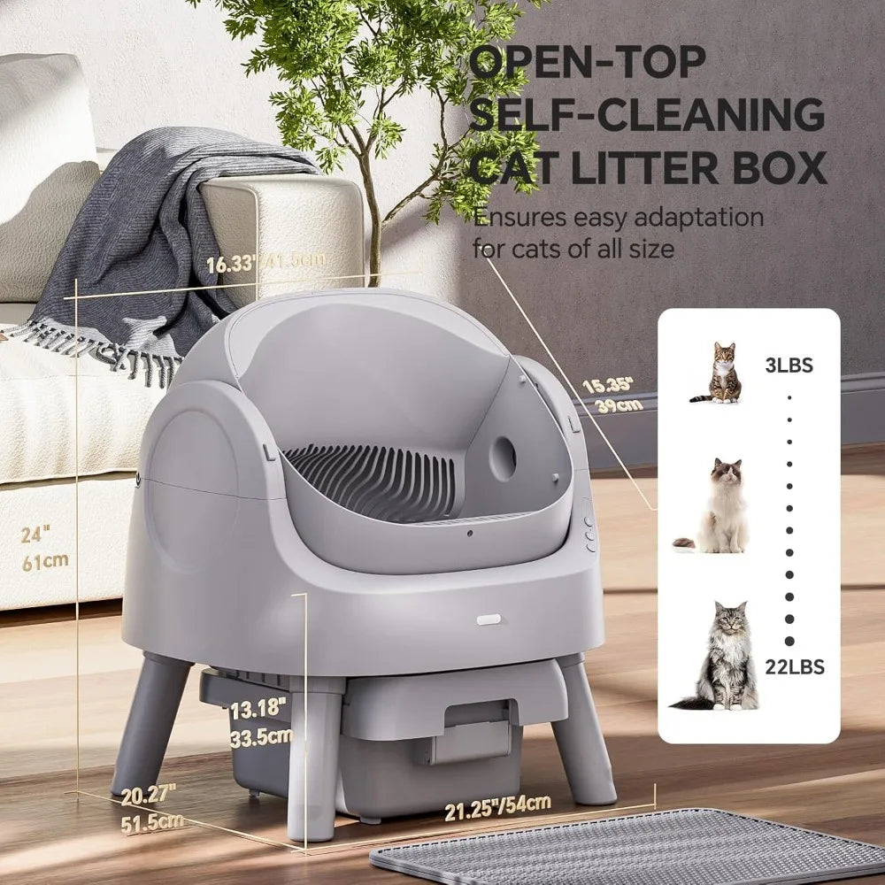 Self Cleaning Cat Litter Box | Open-Top Automatic for Multiple Cats (Safety Sensors) | Includes Liner Bags & Litter Mat