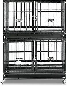 43 inch Dog Crate Stackable Heavy Duty Dog Kennel Indoor Dog Grooming Cage with Detachable Divider, Removable Tray, Wheels, Fee