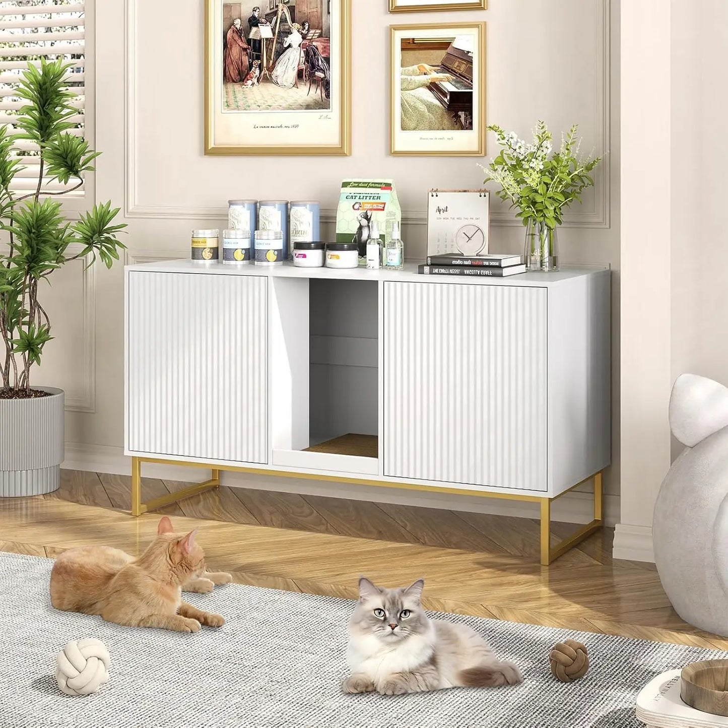 47.2” Large Cat Litter Box Enclosure with Scratch Pad, Double Hidden Wooden Indoor Cat House, TV Stand Side Table Pet