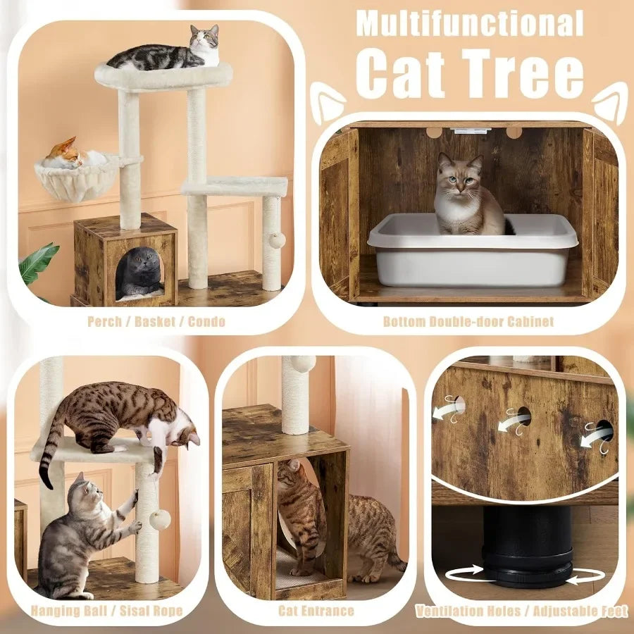 Allinone Indoor Litter Box Enclosure with Integrated Cat Tree Scratching Posts Wooden Cat Condo with Platform and Hidden Litter
