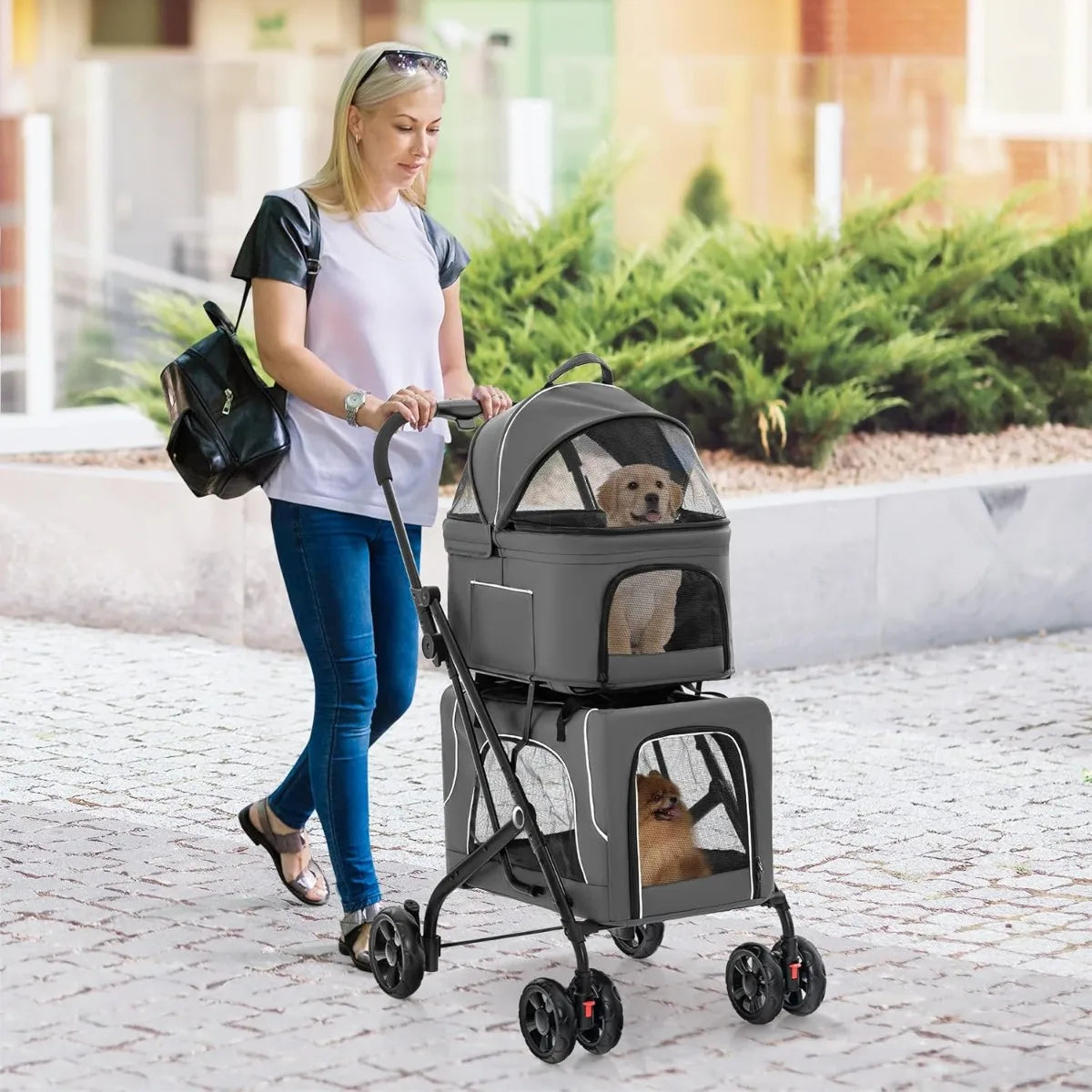 Giantex Double Dog Stroller for 2 Pets, with Detachable Carriers, Safety Belt & 4 Lockable Wheels, Folding Travel Cart, Gray