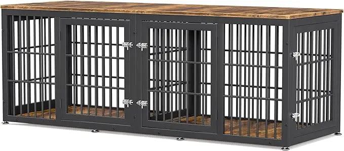 78 Inch Double Dog Crate Furniture, Heavy Duty Extra Large Cage Furniture with Divider for 2 Dogs, Decorative Wooden Kennel Furn