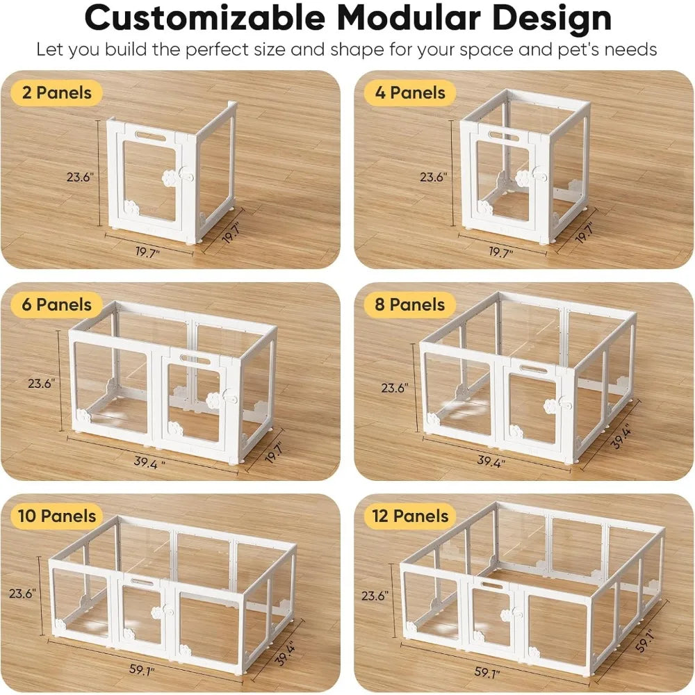 acrylic clear dog play pen indoors, puppy playpen with door for small dogs puppies, transparent plastic pet playpen cage fence c