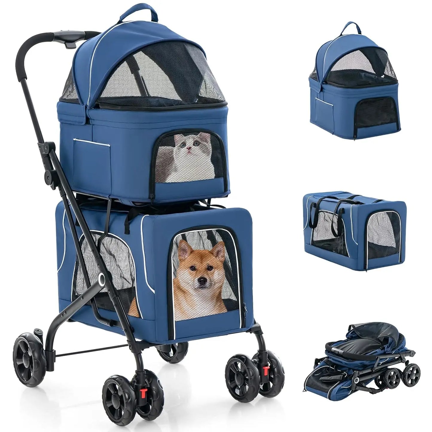 Giantex Double Dog Stroller for 2 Pets, with Detachable Carriers, Safety Belt & 4 Lockable Wheels, Folding Travel Cart, Gray