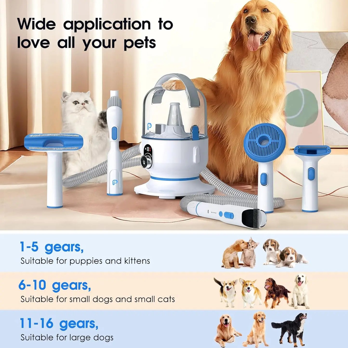 Dog Grooming Kit with 2L Vacuum Suction 99% Pet Hair-Professional Pet Grooming Vacuum Kit with 5 Grooming Tools for Dogs Cats