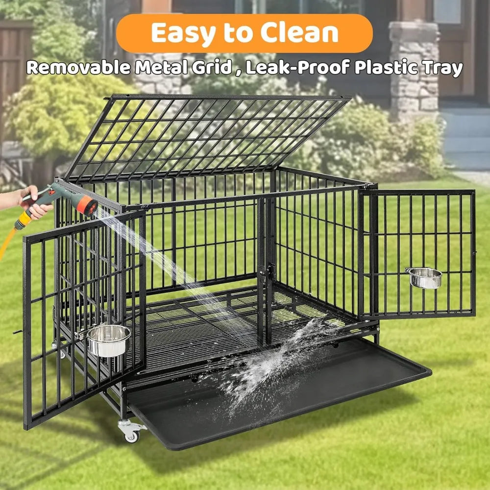 43 inch Dog Crate Stackable Heavy Duty Dog Kennel Indoor Dog Grooming Cage with Detachable Divider, Removable Tray, Wheels, Fee