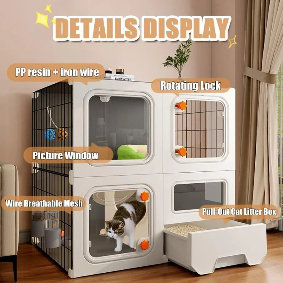 Cat Cage Enclosure with Litter Box, Cat Playpen Detachable Metal, Cat Cage Indoor and Outdoor, Ferret Cage, Rabbit Cage