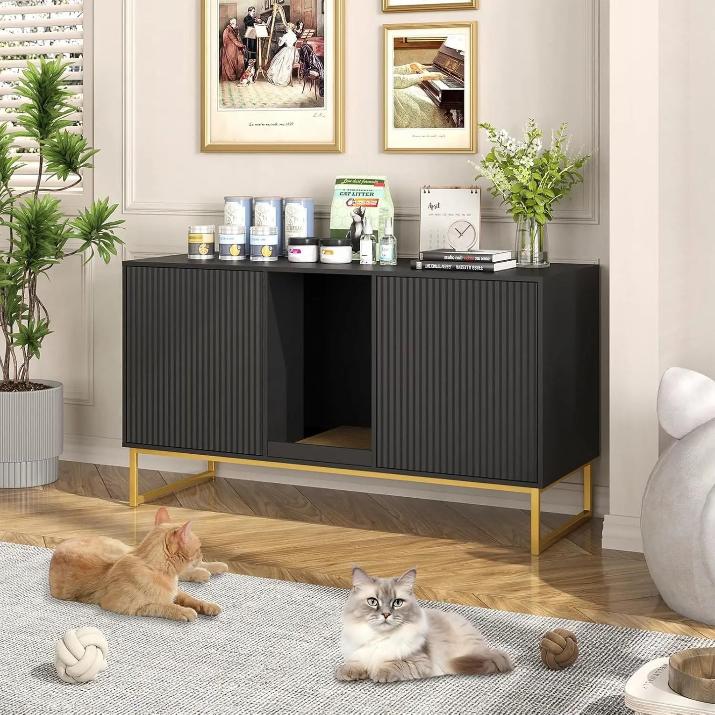 47.2” Large Cat Litter Box Enclosure with Scratch Pad, Double Hidden Wooden Indoor Cat House, TV Stand Side Table Pet