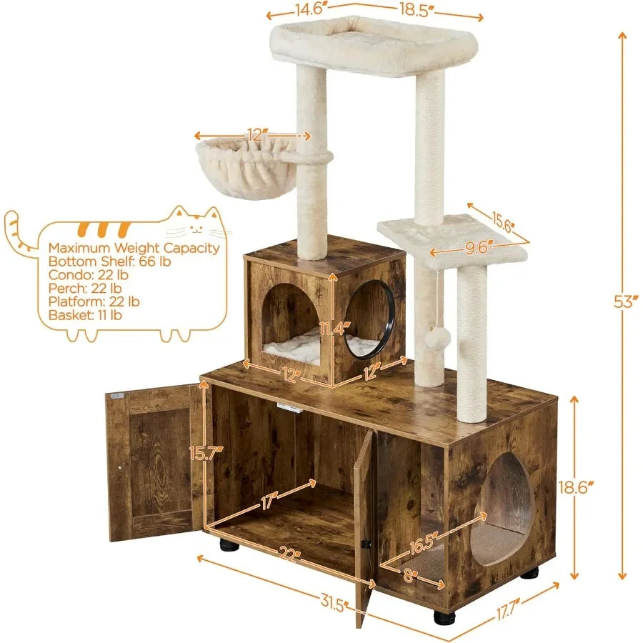 Allinone Indoor Litter Box Enclosure with Integrated Cat Tree Scratching Posts Wooden Cat Condo with Platform and Hidden Litter