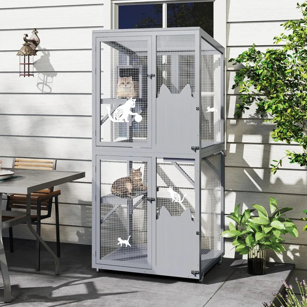 Catio Outdoor Cat Enclosure Window Access, Outdoor Cat House with Wheels, Cage for Cats Indoor(Grey, Medium)