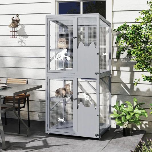 Catio Outdoor Cat Enclosure Window Access, Outdoor Cat House with Wheels, Cage for Cats Indoor(Grey, Medium)