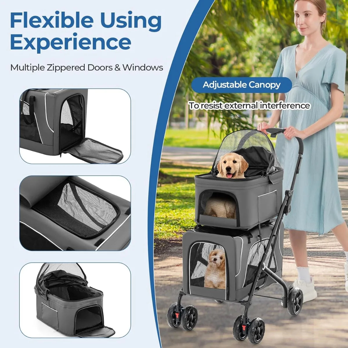 Giantex Double Dog Stroller for 2 Pets, with Detachable Carriers, Safety Belt & 4 Lockable Wheels, Folding Travel Cart, Gray