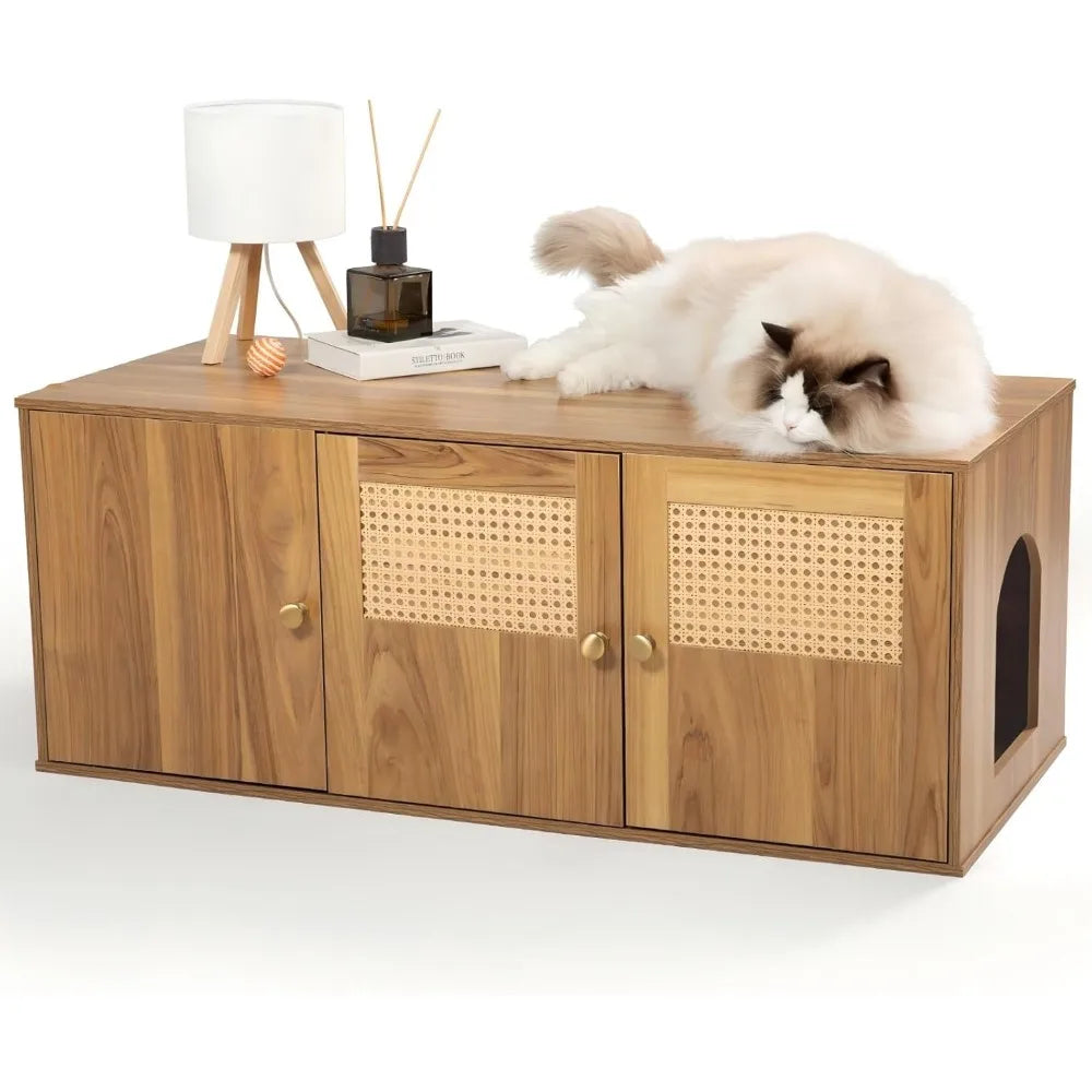 Wooden Cat Litter Box Enclosure with Storage and Adjustable Divider, Concealed Furniture and Hall Table