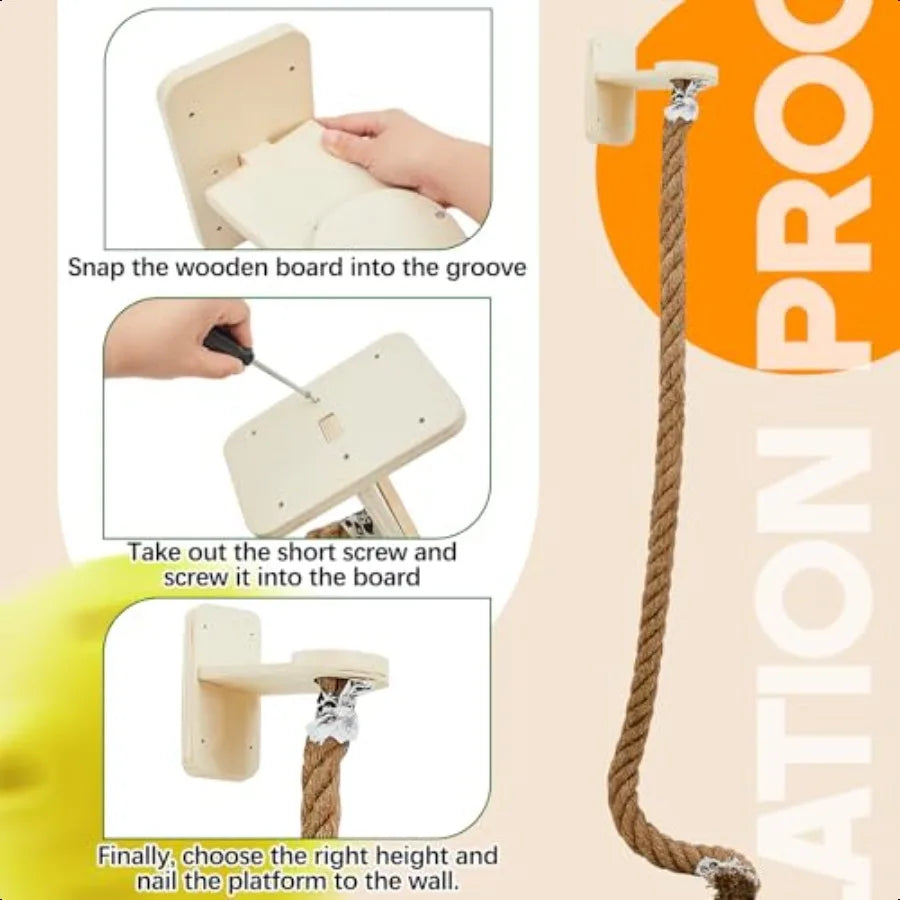 Cat Tree with 2 x 59.1 Inch Climbing Rope Wall Mounted Cat Climbing Tower Toy with Scratching Post Kitten Rope Ladder with Jump