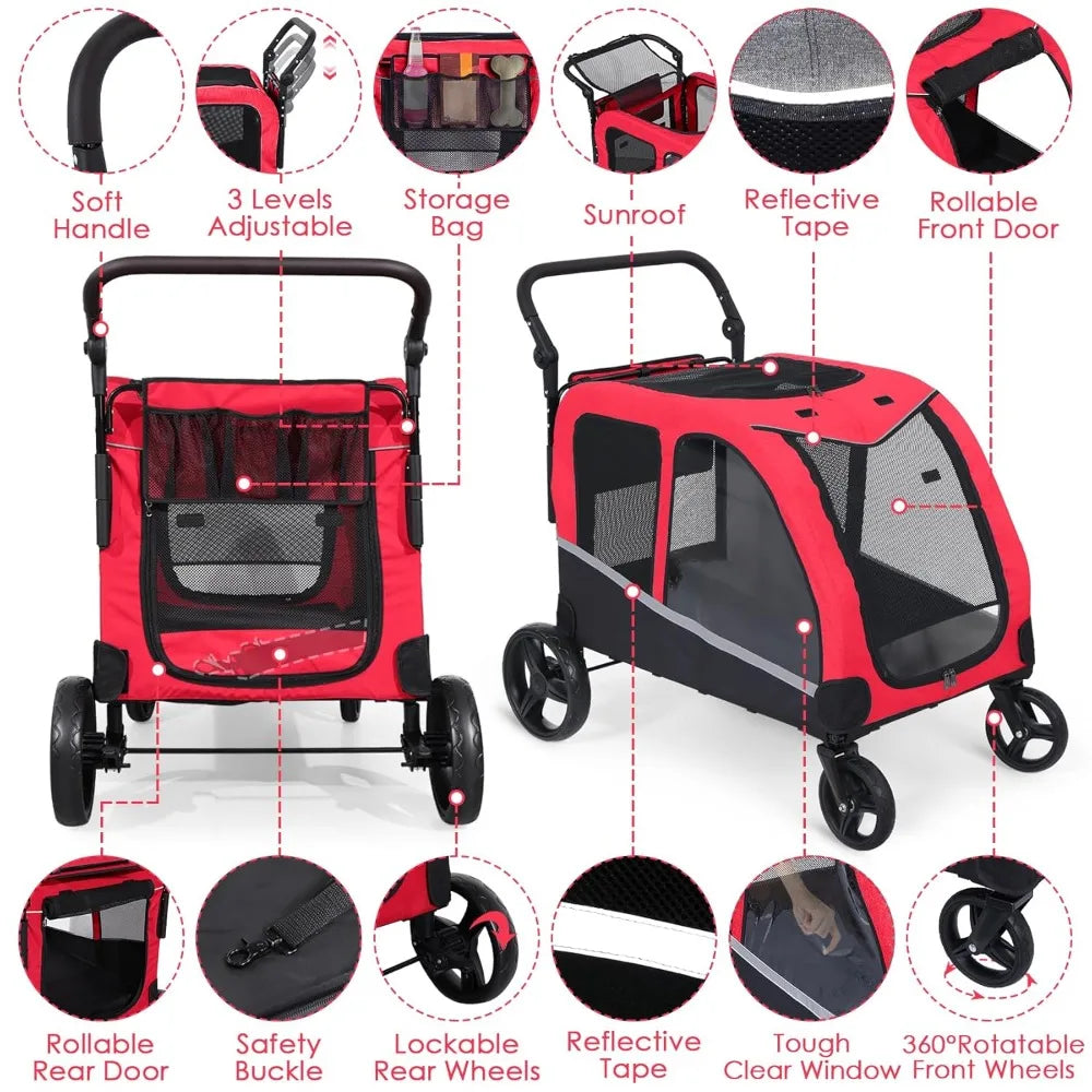 Stroller for Large Dogs, Extra Large Pet Stroller for Medium 2 Dogs, Dog Wagon, Dog Carriage, Foldable Design, Adjustable Handle