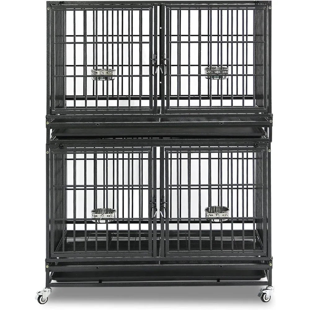 43 inch Dog Crate Stackable Heavy Duty Dog Kennel Indoor Dog Grooming Cage with Detachable Divider, Removable Tray, Wheels, Fee