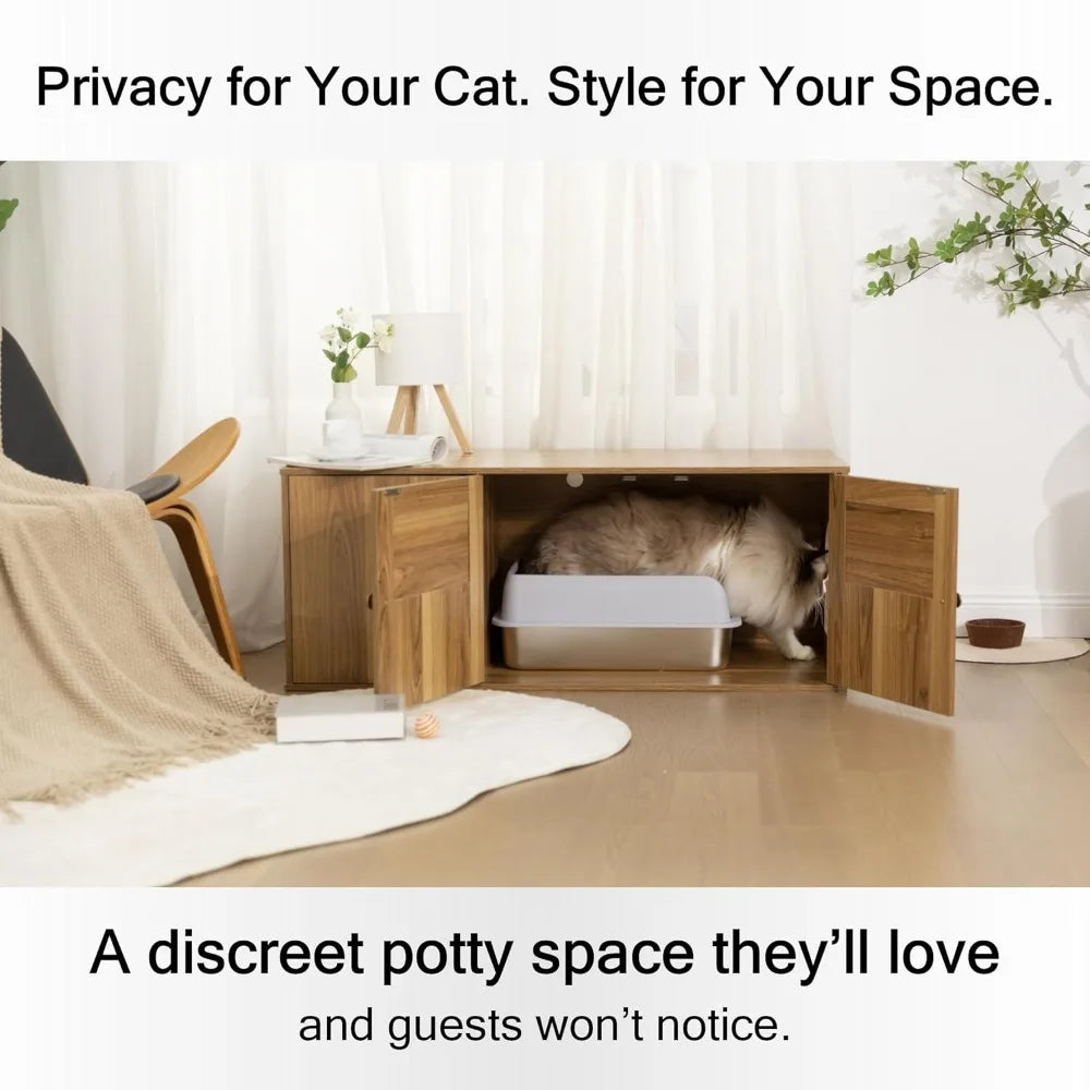 Wooden Cat Litter Box Enclosure with Storage and Adjustable Divider, Concealed Furniture and Hall Table