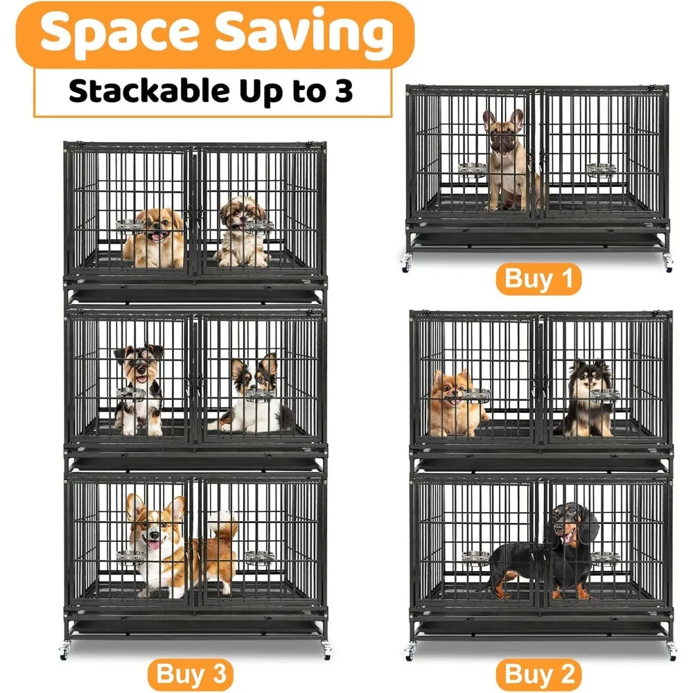 43 inch Dog Crate Stackable Heavy Duty Dog Kennel Indoor Dog Grooming Cage with Detachable Divider, Removable Tray, Wheels, Fee