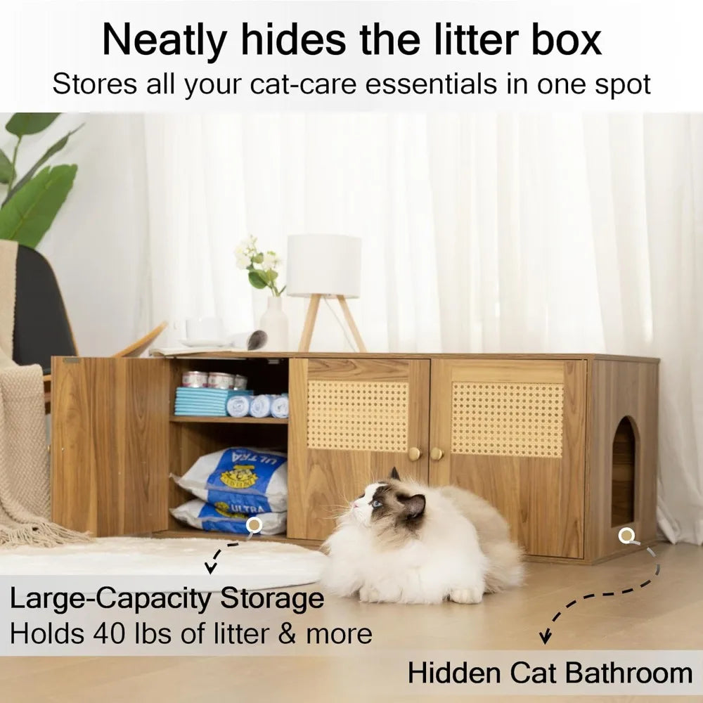 Wooden Cat Litter Box Enclosure with Storage and Adjustable Divider, Concealed Furniture and Hall Table